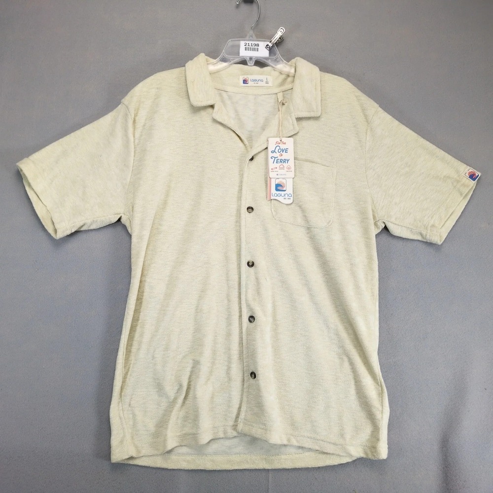 NWT Laguna Cream Terry Cloth Button Shirt Men's L Short Slv Beach Surfer Retro